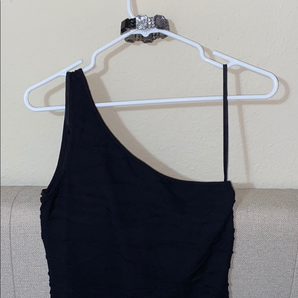 Black one shoulder rippled dress with bracelet